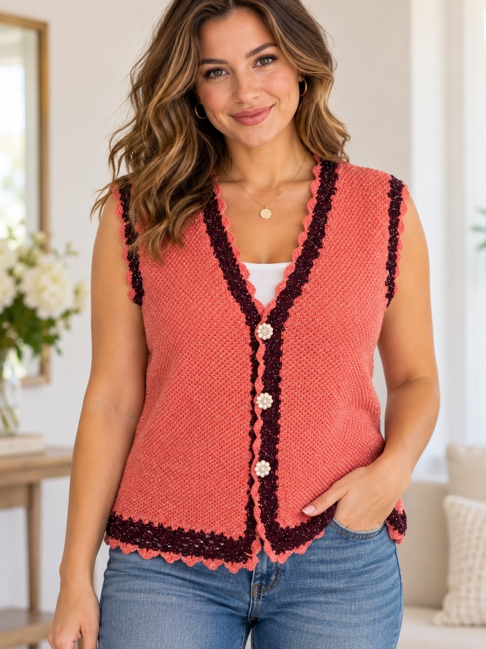 Vintage Sparkly Hand-Knit Cardigan Vest – Pink & Burgundy Large